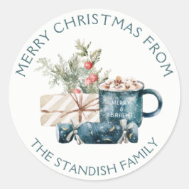 Pegatina Redonda Verde azulado Blue Merry Navidad Chocolate calient