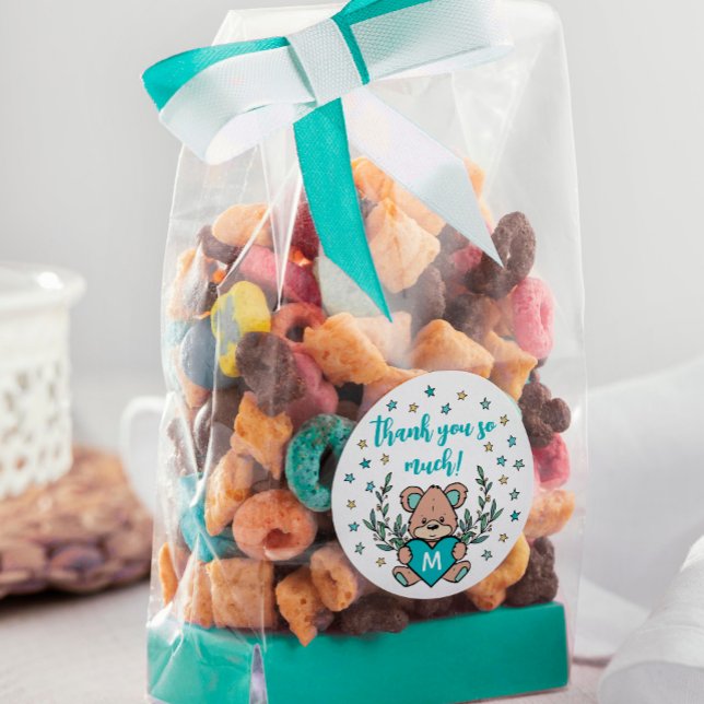 Pegatina Redonda Verde azulado Corazón Oso Tema Baby Shower Gracias (Subido por el creador)