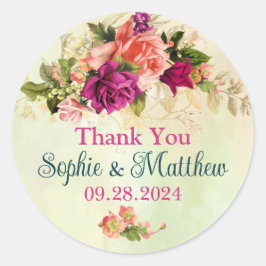 Pegatina Redonda Verde azulado, rosa, verde, dorado Boda de Floraci