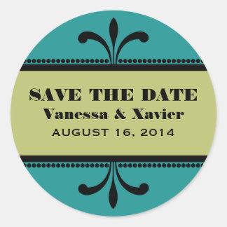 Pegatina Redonda Verde azulado/verde Fancy Art Deco Save the Date P