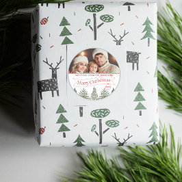 Pegatina Redonda Verde Botánico Foto Verde Rojo Feliz Navidad