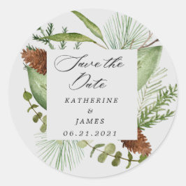 Pegatina Redonda verde de invierno elegante excepto la fecha