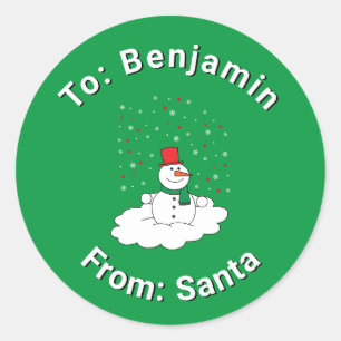 Pegatina Redonda Verde Del Nombre De Santa Persona Snowman Snowflak