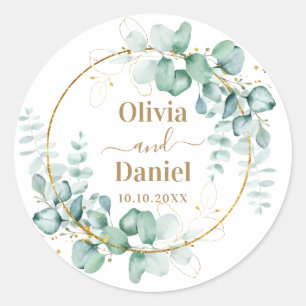 Pegatina Redonda Verde Dorado Botánico Personalizar Para Boda