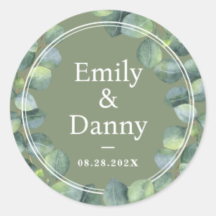 Pegatina Redonda Verde Elegante Boda botánico verde sabio