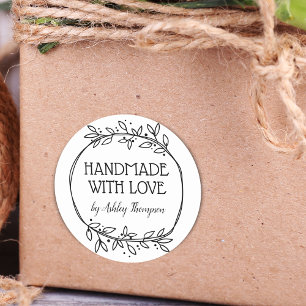 Pegatina Redonda Verde Elegante Hecho a Mano Con Amor Nombre