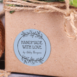 Pegatina Redonda Verde elegante hecho a mano con amor Nombre Azul