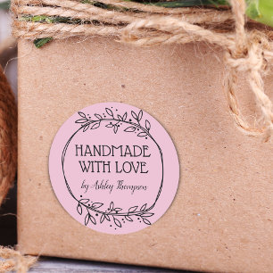Pegatina Redonda Verde Elegante Hecho a Mano Con Amor Nombre Rosa