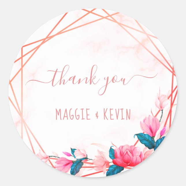 Pegatina Redonda Verde Elegante Rosa Oro Marco Geométrico Clásico (Anverso)