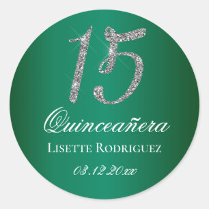 Pegatina Redonda Verde Esmeralda Brillo Falso 15 Quinceañera