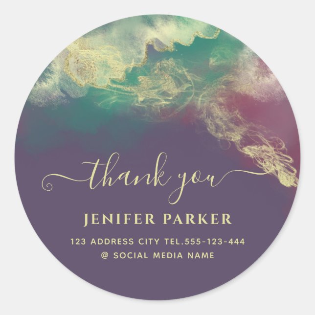 Pegatina Redonda Verde esmeralda oro acuarela  escritura agradecimi (Anverso)