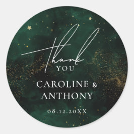 Pegatina Redonda Verde Esmeralda Oscuro Magico Oro Gracias