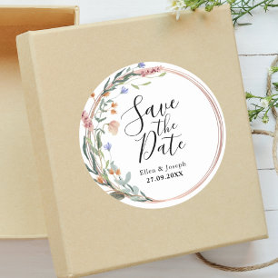 Pegatina Redonda Verde Eucalipto Boda Personalizada Guardar la Fech