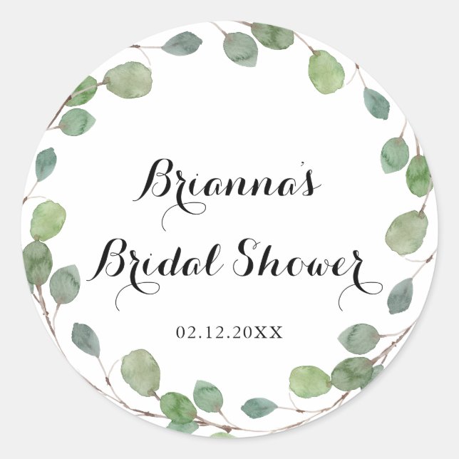 Pegatina Redonda Verde Eucalyptus Foliage Bridal Shower Favor (Anverso)