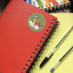 Pegatina Redonda Verde floral de gato salvaje caracal