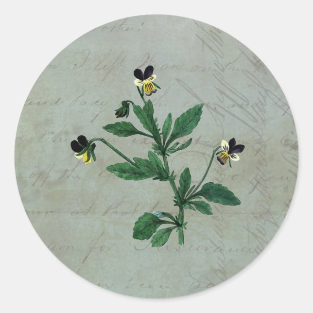 Pegatina Redonda Verde gris con violas botánicas (Anverso)