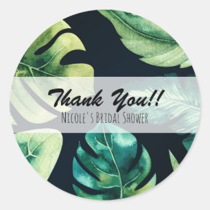 Pegatina Redonda Verde hojas tropicales Black Elegant Wedding Favor