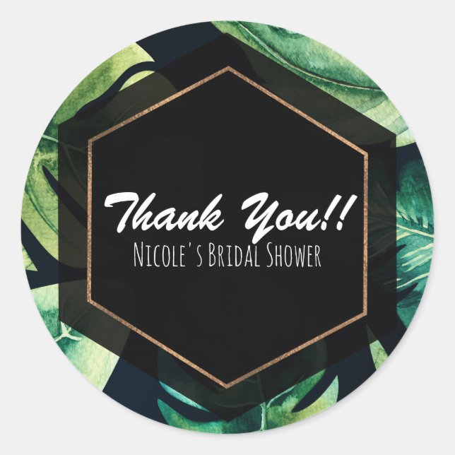 Pegatina Redonda Verde hojas tropicales Black Elegant Wedding Favor (Anverso)
