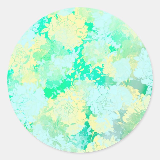 Pegatina Redonda Verde japonés, patrones de flores (Anverso)