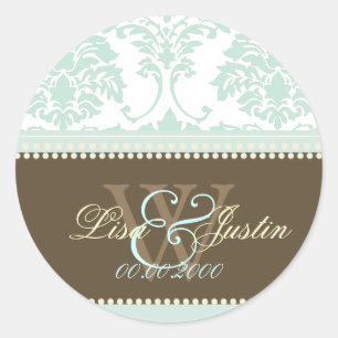 Pegatina Redonda Verde menta Damask monograma boda/fuentes+color DI
