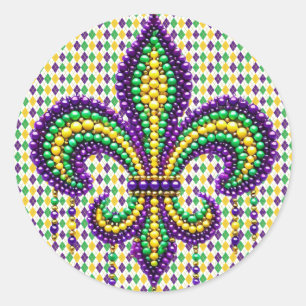 Pegatina Redonda Verde morado Mardi Gras fleur de lis