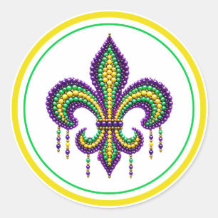Pegatina Redonda Verde morado Mardi Gras fleur de lis