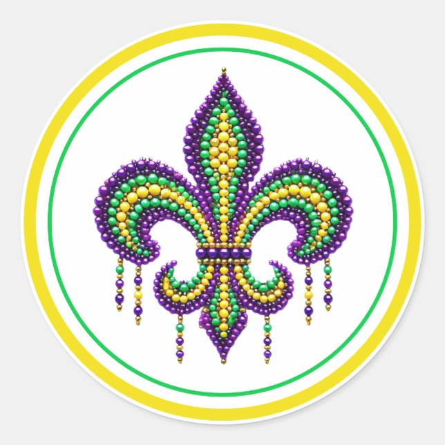 Pegatina Redonda Verde morado Mardi Gras fleur de lis (Anverso)