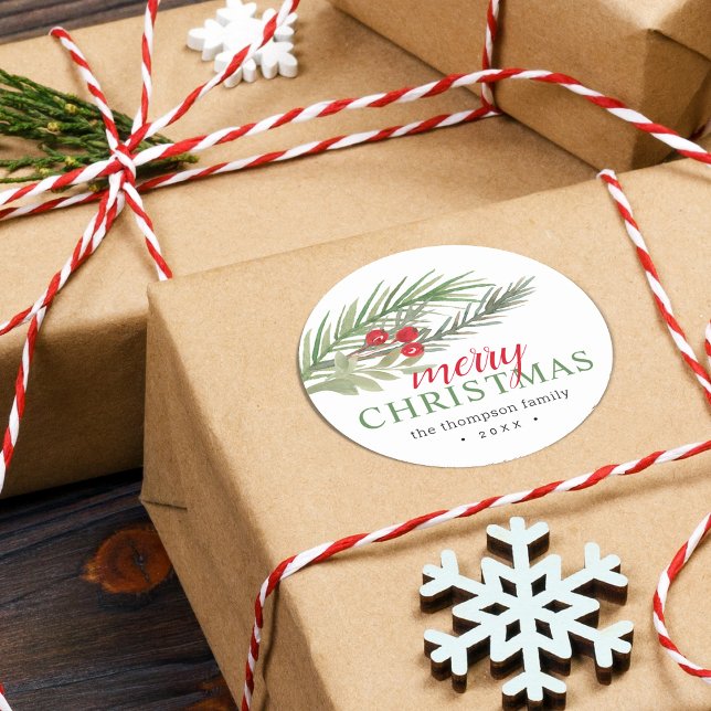 Pegatina Redonda Verde Navidad Festivo (Festive Christmas Greenery Classic Round Sticker)