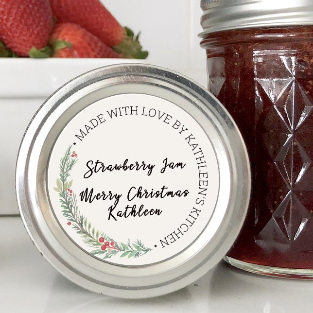 Pegatina Redonda Verde Navidad Hecho Con Amor Blank (Christmas Greenery Made With Love Blank Classic Round Sticker)