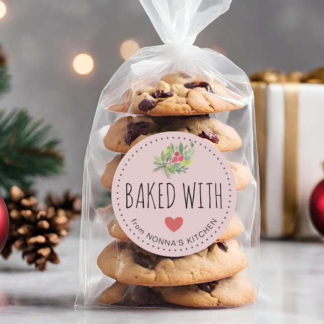 Pegatina Redonda Verde Navideño Festivo Horneado Con Amor (Festive Holiday Greenery Baked With Love Classic Round Sticker)