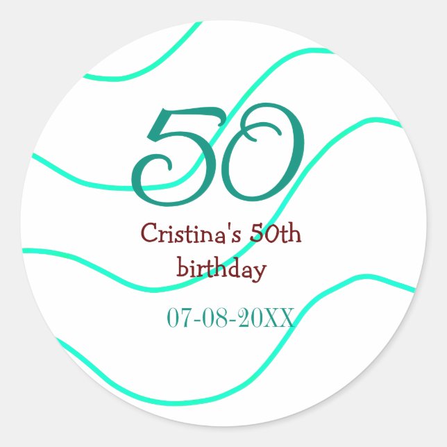 Pegatina Redonda Verde rojo 50 cumpleaños fecha de añadir nombre p (Anverso)