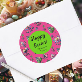 Pegatina Redonda Verde Rosa Feliz Pascua Primavera Columba Flor