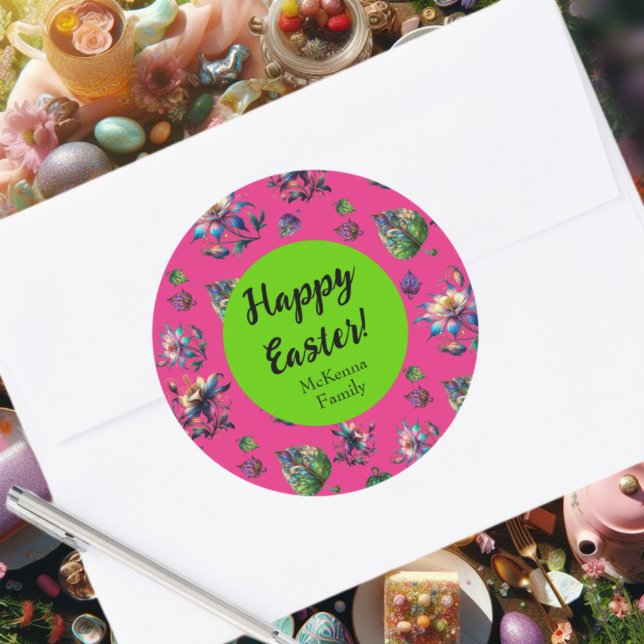 Pegatina Redonda Verde Rosa Feliz Pascua Primavera Columba Flor (Subido por el creador)