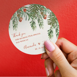 Pegatina Redonda Verde ruso deja a Boda de Navidades de Berries Roj