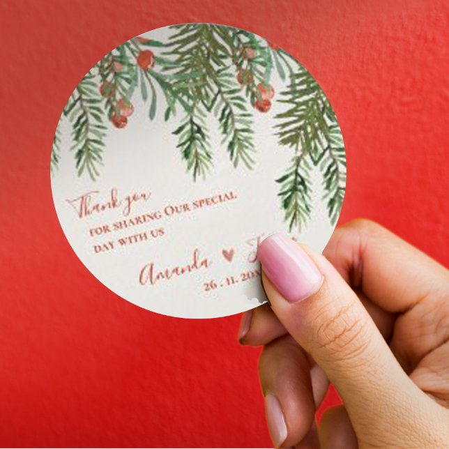Pegatina Redonda Verde ruso deja a Boda de Navidades de Berries Roj (Rustic Green Leaves Red Berries Christmas Wedding Classic Round Sticker)