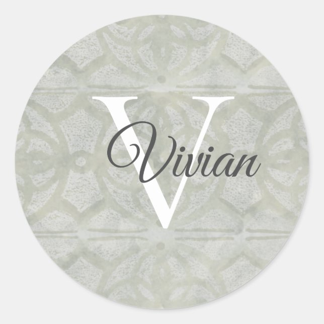 Pegatina Redonda Verde sabio con nombre de monograma blanco (Anverso)