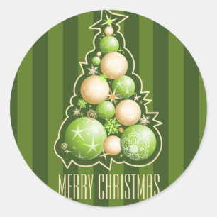Pegatina Redonda Verde y árbol de navidad de las burbujas del oro