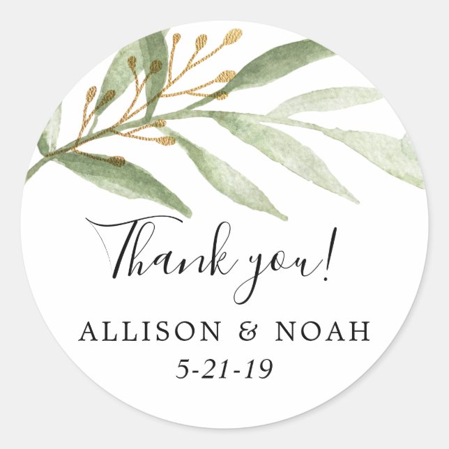 Pegatina Redonda Verdor acuarelas verdes hojas de oro verde (Anverso)