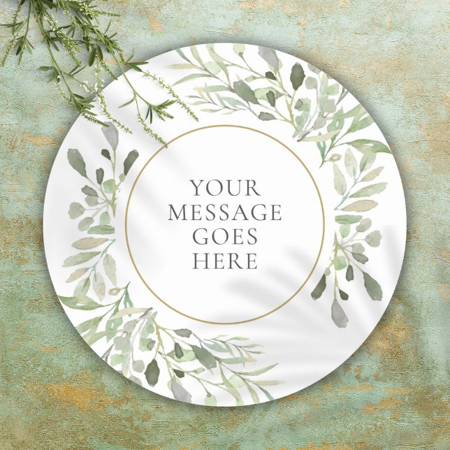 Pegatina Redonda Verdor de acuarela de mensaje personalizado (Personalized Message Watercolor Greenery Classic Round Sticker)