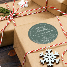 Pegatina Redonda Verdor de invierno Feliz Navidad personalizado