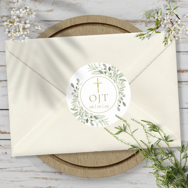 Pegatina Redonda Verdor de las Iniciales del Monograma de la Cruz d (Gold Cross Monogram Initials Greenery Classic Round Sticker)