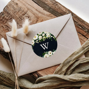 Pegatina Redonda Verdor Floral blanca Real Boda Monograma Azul