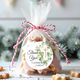 Pegatina Redonda Verdor Floral Cruz Botánica Elegante Bautismo