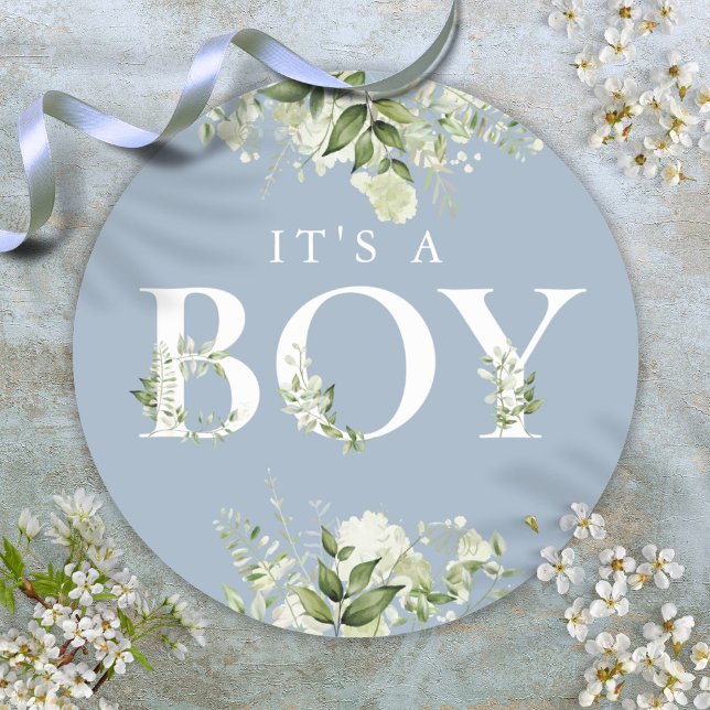 Pegatina Redonda Verdor Floral Dusty Azul Es Un Chico Baby Shower (Greenery Floral Dusty Blue Its A Boy Baby Shower Classic Round Sticker)