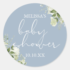 Pegatina Redonda Verdor Floral Dusty Blue Boy Baby Shower Favor
