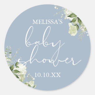 Pegatina Redonda Verdor Floral Dusty Blue Boy Baby Shower Favor