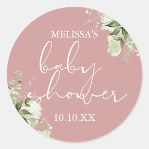 Pegatina Redonda Verdor Floral Dusty Rosa Chica Baby Shower Favor