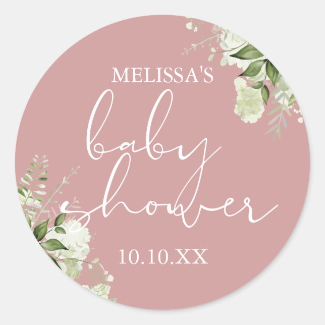 Pegatina Redonda Verdor Floral Dusty Rosa Chica Baby Shower Favor (Anverso)