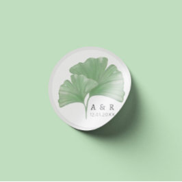 Pegatina Redonda Verdor Ginkgo Árbol Boda de acuarela Monograma