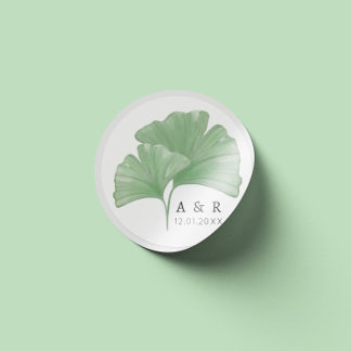 Pegatina Redonda Verdor Ginkgo Árbol Boda de acuarela Monograma